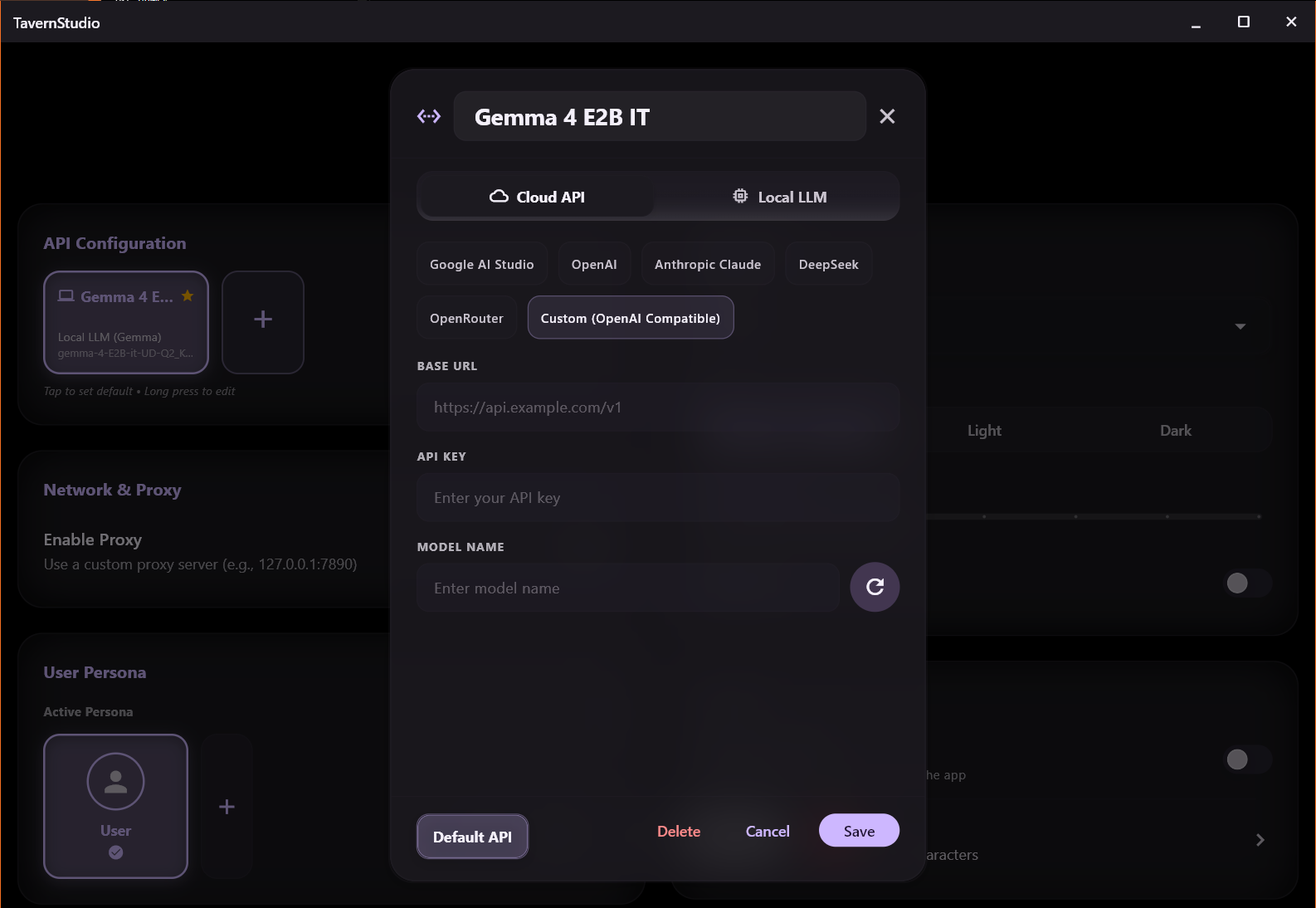 Tavern Studio API cloud settings
