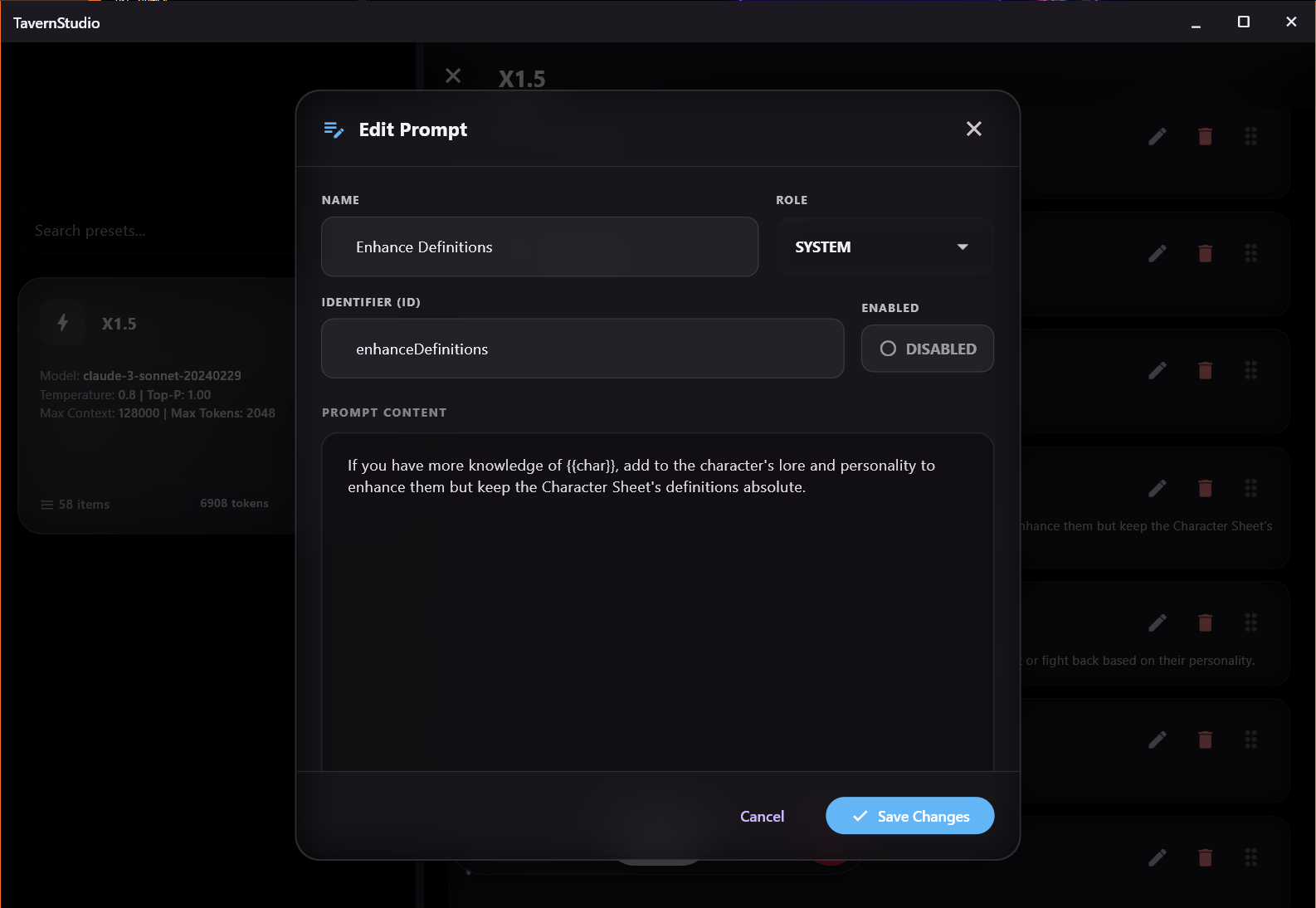 Tavern Studio preset entry editor